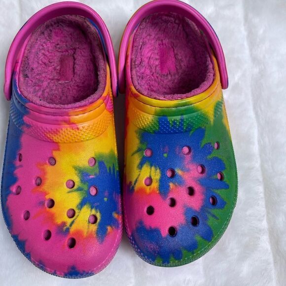Crocs Unisex multi  vibrant color clogs with hot pink faux fur lining si… - Picture 1 of 7